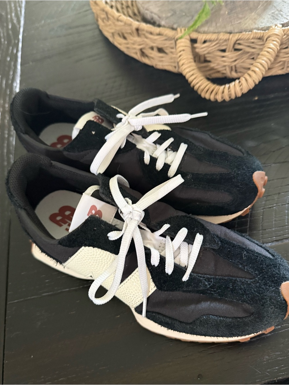 New Balance Black White Athletic Sneakers with Tan Accents